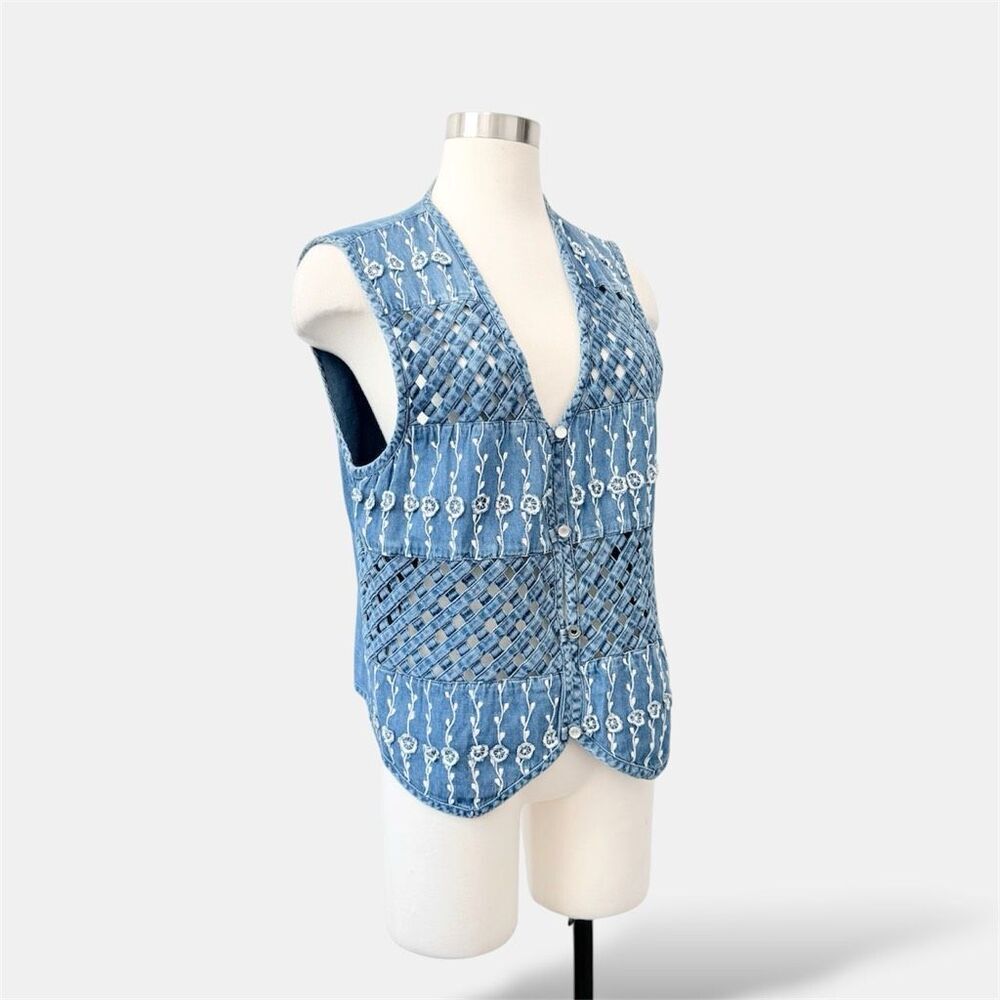 Vintage New Direction Woven Denim Jean Vest Floral Lattice Large L Cottage